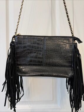 Zara Black Faux Croc Embossed Fringe Crossbody Bag Chain Strap Boho Western